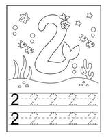 Mermaid number coloring pages for Kindergarten vector