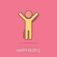 hombre feliz de dibujos animados vectoriales con icono de manos arriba en estilo cómico. pictograma de ilustración de signo de gente feliz. concepto de efecto de salpicadura de negocios de hombre. vector