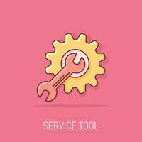 Vector cartoon service tool icon in comic style. Cogwheel with wrench sign illustration pictogram. Workshop business splash effect concept.