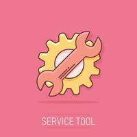 Vector cartoon service tool icon in comic style. Cogwheel with wrench sign illustration pictogram. Workshop business splash effect concept.