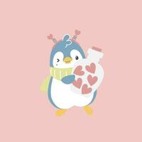 linda y encantador pingüino con tarro de corazón, contento San Valentín día, amor concepto, plano vector ilustración dibujos animados personaje disfraz diseño