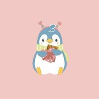 linda y encantador pingüino participación corazón chocolate, contento San Valentín día, amor concepto, plano vector ilustración dibujos animados personaje disfraz diseño