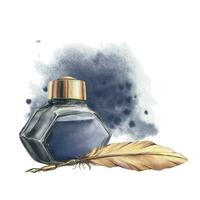 Dark blue ink in a glass inkwell with a gold lid against a background of splashes and stains with golden pen. Hand drawn watercolor illustration. Isolated composition on a white background vector