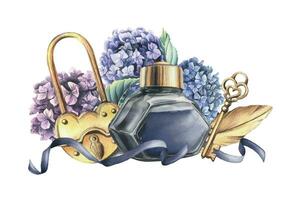 Dark blue ink in a glass inkwell with a gold lock, key and feather, with hydrangea flowers and ribbons. Hand drawn watercolor illustration. Isolated composition on a white background vector