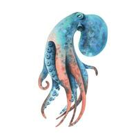 Octopus in turquoise, blue and coral colors. Hand drawn watercolor illustration. Sea animals, underwater world, seafood. Isolated object on white background for decoration and design vector eps