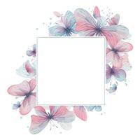 Butterflies are pink, blue, lilac, flying, delicate with wings and splashes of paint. Hand drawn watercolor illustration. Frame, template, wreath on a white background, for design vector