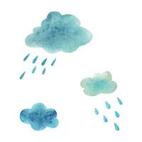 Abstract blue clouds with raindrops. Watercolor illustration, hand drawn in a children s style. Set of isolated objects on a white background. vector