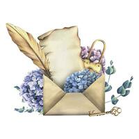 Craft envelope with a sheet of parchment with a gold lock, key and feather, with hydrangea flowers and eucalyptus. Hand drawn watercolor illustration. Isolated blank for text on a white background vector