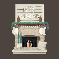 the christmas isolated  comfortable beige fireplace from light color bricks on the brown background vector