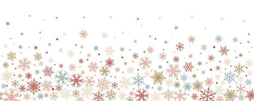 Snowflakes vector background. Winter holiday decor with multicolor crystal elements. Graphic icy frame isolated on white backdrop.