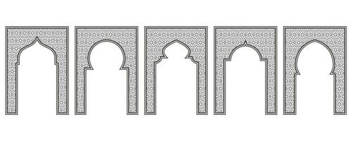 Islamic frame with arch and ornament. Ramadan gate on geometric background for wedding invitation design. Vector oriental decorations set.