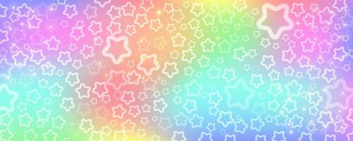 Rainbow sky with stars and bokeh. Kawaii fantasy background. Magic glitter space with iridescent texture. Abstract vector wallpaper