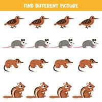 encontrar diferente animal en cada fila. lógico juego para preescolar niños. vector