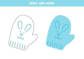 Trace and color cartoon blue mitten. Worksheet for children. vector