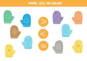 Grater, less or equal with cartoon colorful mittens. vector