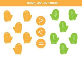 Grater, less or equal with cartoon colorful mittens. vector