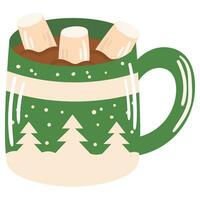 Hot cocoa with marshmallows in a green mug with a winter ornament in the shape of Christmas trees vector