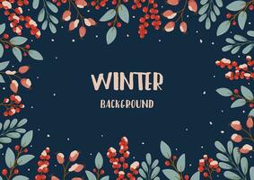 Rectangular festive banner on blue with text Winter background in flat vector style. Hand drawn berries ilex, mistletoe and snow. Holiday seasonal floral decoration.