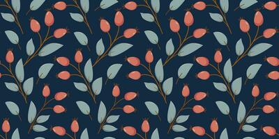 Winter rectangular seamless pattern on blue background with hand drawn christmas berries and leaves in flat vector style. Holiday seasonal floral decoration. For textile, background, wrapper