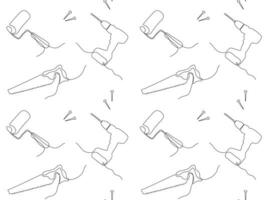 seamless abstract pattern of repair tool kit, roller, saw and drill, screwdriver Continuous drawing in one line vector