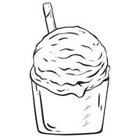 Vector. Hand-drawn sketch. Ice cream scoop in a cup with a crispy waffle straw. Summer treat. Delicious pleasure. Suitable for menus, shop, cafe, and restaurant decor vector