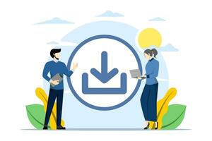 File or file download concept, Installation symbol, Little person downloading data, files on smartphone and laptop, Load symbol, Modern flat cartoon style, Vector illustration on a white background.