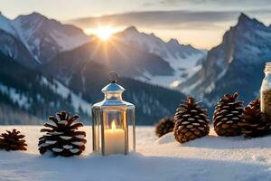 AI generated three pine cones with candles in the snow photo