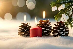 AI generated three pine cones with candles in the snow photo