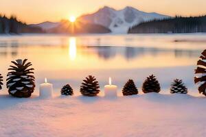 AI generated snow covered pine cones on a snowy mountain photo