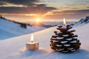 AI generated three pine cones with candles in the snow photo