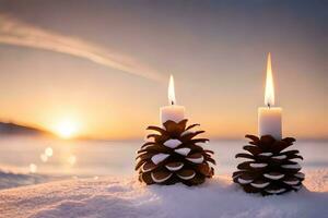 AI generated snow covered pine cones on a snowy mountain photo