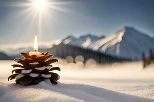 AI generated snow covered pine cones on a snowy mountain photo