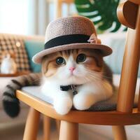 AI generated A cute cat in a hat is sitting on a chair ai generate photo