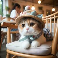 AI generated A cute cat in a hat is sitting on a chair ai generate photo