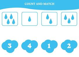 Count and match game with rain drop. Educational worksheet design for preschool, kindergarten students. Learning mathematics. Brain teaser fun activity for kids. vector