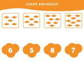 Count and match game with hat. Educational worksheet design for preschool, kindergarten students. Learning mathematics. Brain teaser fun activity for kids. vector