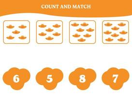 contar y partido juego con sombrero. educativo hoja de cálculo diseño para preescolar, jardín de infancia estudiantes. aprendizaje matemáticas. cerebro rompecabezas divertido actividad para niños. vector