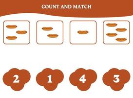 Count and match game with hot dog. Educational worksheet design for preschool, kindergarten students. Learning mathematics. Brain teaser fun activity for kids. vector