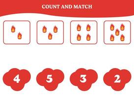 Count and match game with flame. Educational worksheet design for preschool, kindergarten students. Learning mathematics. Brain teaser fun activity for kids. vector