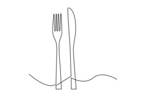 Single continuous line drawing of fork and knife vector