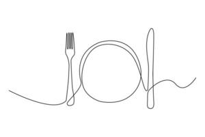 Continuous one line drawing of fork and knife with a plate vector