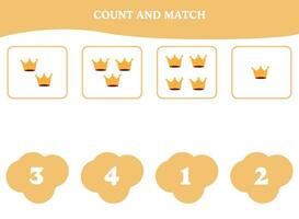 Count and match game with crown. Educational worksheet design for preschool, kindergarten students. Learning mathematics. Brain teaser fun activity for kids. vector