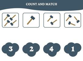 Count and match game with hammer. Educational worksheet design for preschool, kindergarten students. Learning mathematics. Brain teaser fun activity for kids. vector