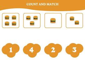 Count and match game with hamburger. Educational worksheet design for preschool, kindergarten students. Learning mathematics. Brain teaser fun activity for kids. vector