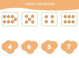Count and match game with cookie. Educational worksheet design for preschool, kindergarten students. Learning mathematics. Brain teaser fun activity for kids. vector