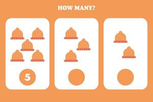 Counting game for kids. How many hat are there Educational worksheet design for children. vector