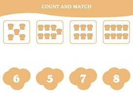 Count and match game with bread. Educational worksheet design for preschool, kindergarten students. Learning mathematics. Brain teaser fun activity for kids. vector