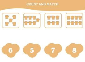 Count and match game with bread. Educational worksheet design for preschool, kindergarten students. Learning mathematics. Brain teaser fun activity for kids. vector