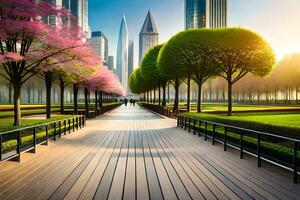 ai generado un paisaje urbano con un parque y un pasarela foto