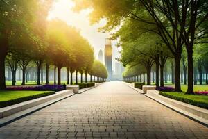 ai generado un paisaje urbano con un parque y un pasarela foto